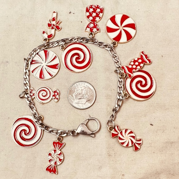 Handcrafted Candy Cane Peppermint Charm Bracelet Holiday Enamel Red White Gold - Picture 4 of 8